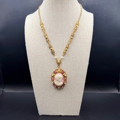 Vintage West Germany Pink Cameo Necklace Exceptional Brass Filigree 1960s
