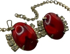 Vintage Satin Plastic Cabochons Rhinestones Necklace Earrings Set