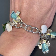 Love Hope Faith Angels Mother of Pearl Hearts Vintage Charm Blue Enamel Bracelet