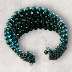 Bracelet 5 Row Teal Beaded Stretch Cuff Bracelet Open Back Graduated (F111)