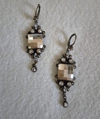 Vintage Square Iridescent Crystals Antique Tone Dangle Chandelier Earrings
