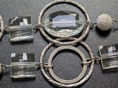 Vintage Silver Tone Geometric Station Necklace Clear Lucite Glass Hoops Textured