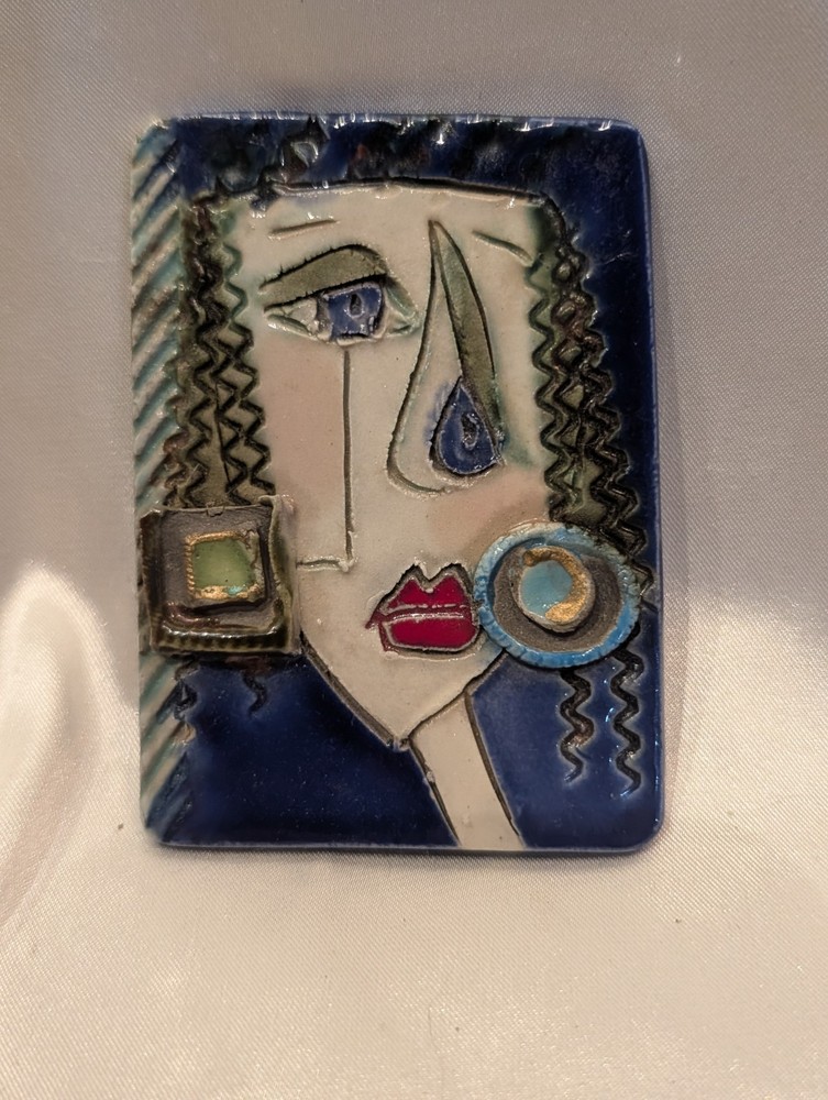 Unusual Ceramic Cubist Abstract Woman’s Face Brooch Pin