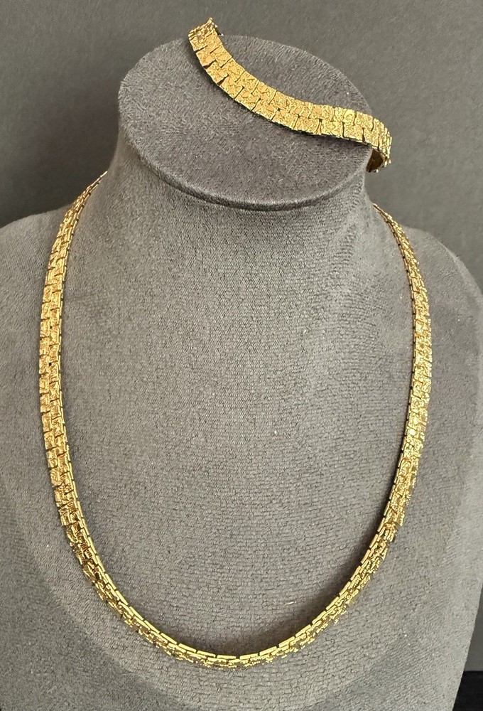 Gold Tone Flat Nugget Style Vintage 18″ Necklace &Bracelet Made In Korea 1980’s