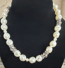 Vintage Unbranded 16 Faux Pearl Necklace with Rhinestone Accents Silver Tone