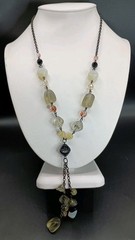 Vintage Glass & Opalite Beaded Tassel Necklace Faux Lariat Black Chain 27″ Long