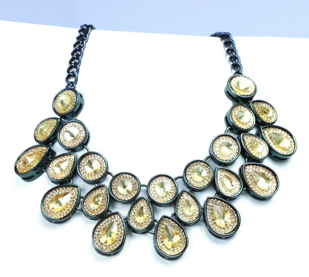 Gold Rhinestone Statement Bib Necklace Black Tone Chain Teardrop