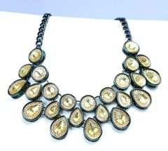 Gold Rhinestone Statement Bib Necklace Black Tone Chain Teardrop