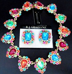 RJ GRAZIANO Vibrant Rainbow Rhinestone Necklace Earring Set On Original Card!