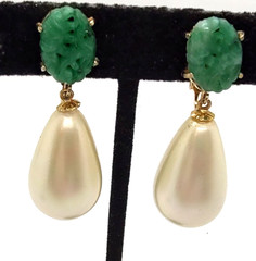 Signed Marvella Drop Dangle Faux Pearl Earrings with Peking Glass!