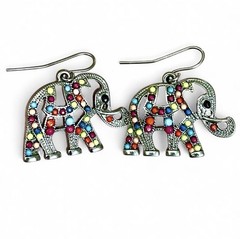 Vintage Elephant Dangle Earrings Silver Tone Multicolor Beaded Boho Hippy Global