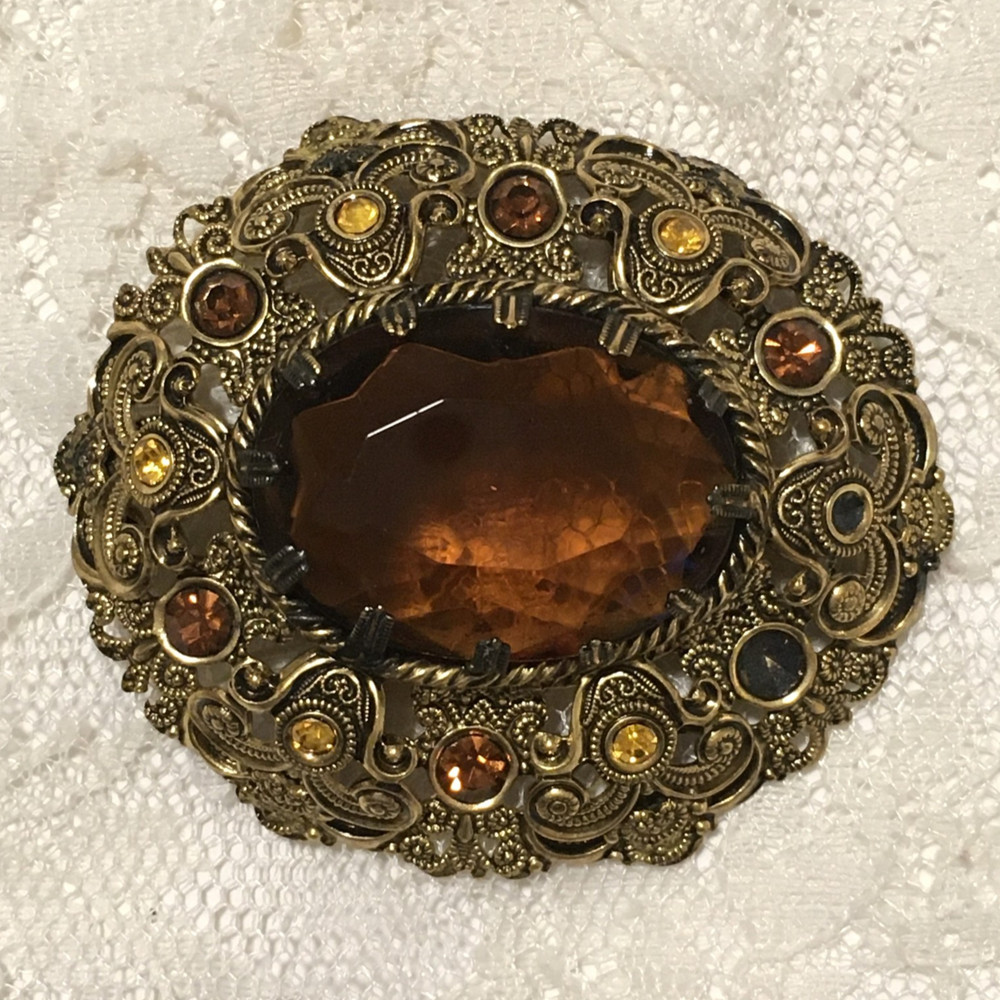 Vintage W Germany Brooch Gold Tone Brown Yellow Rhinestones