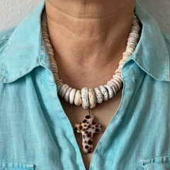 Puka Shell Necklace Vintage 70s w/Hand-Shaped Tiger Cowrie Shell Cross Pendant