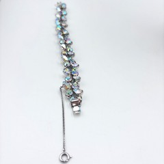 Vintage Weiss Aurora Borealis Rhinestone Bracelet Silver Tone Safety Chain 7in