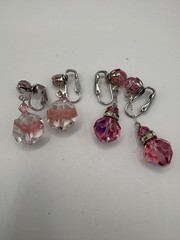 2 Pairs Pink AB Aurora Borealis Crystal Dangle Drop Clip-on Earrings Vtg