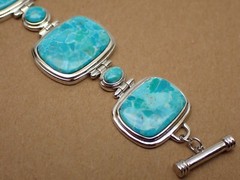 JTV Turquoise Link Bracelet Cushion Oval & Round Stones Sterling Silver 8-1/2″