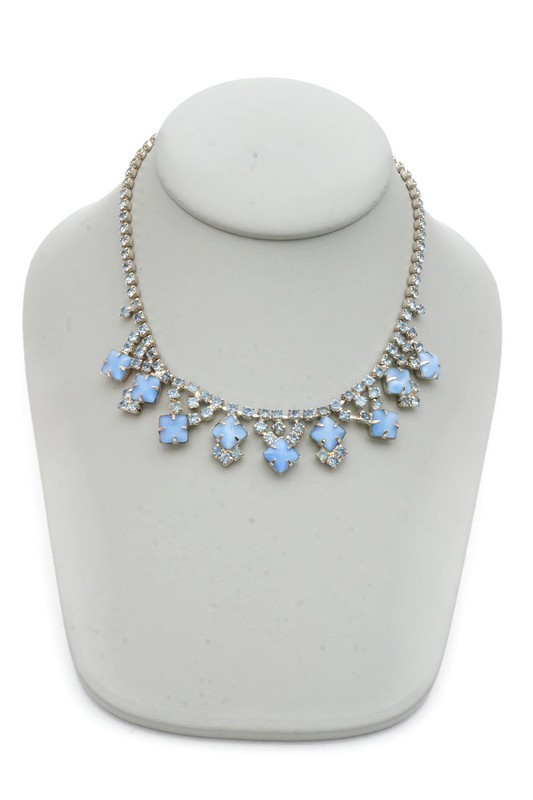 Vintage Necklace Silver Tone Blue Rhinestone 14.5″