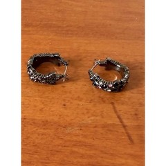 Vintage Gunmetal Barrel Huggie Hoop Earrings Hematite Crystal No Brand