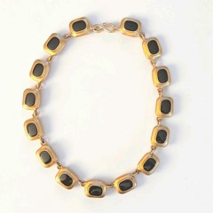 VINTAGE ERWIN PEARL GOLD-TONE BLACK ENAMEL CHOKER NECKLACE