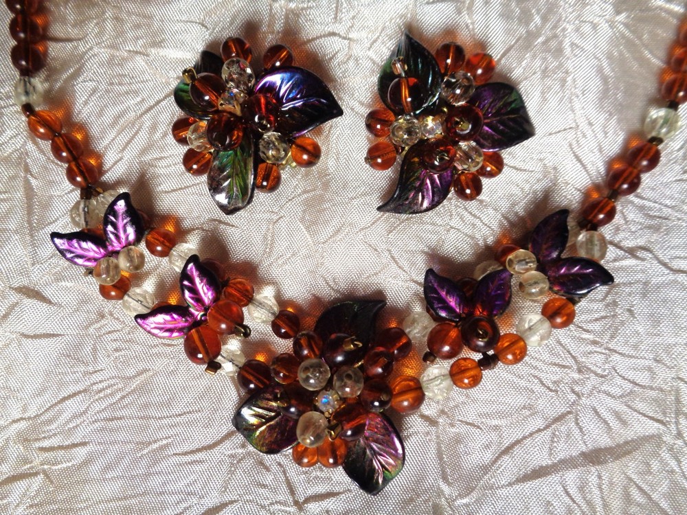 Vintage 40’s West Germany Necklace & Earring Set Wired Iridescent Glass Bead’s