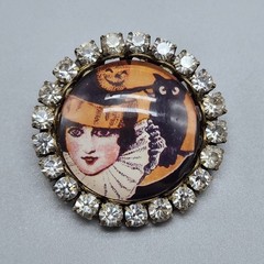 Vtg Witch Halloween Brooch Black Owl Kitschy Rhinestone Pin 20s Art Deco Look