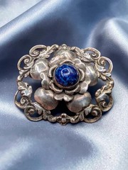 Vtg 800 Silver Made in Israel Blue Art Glass Flower Brooch Pin Trombone Clasp