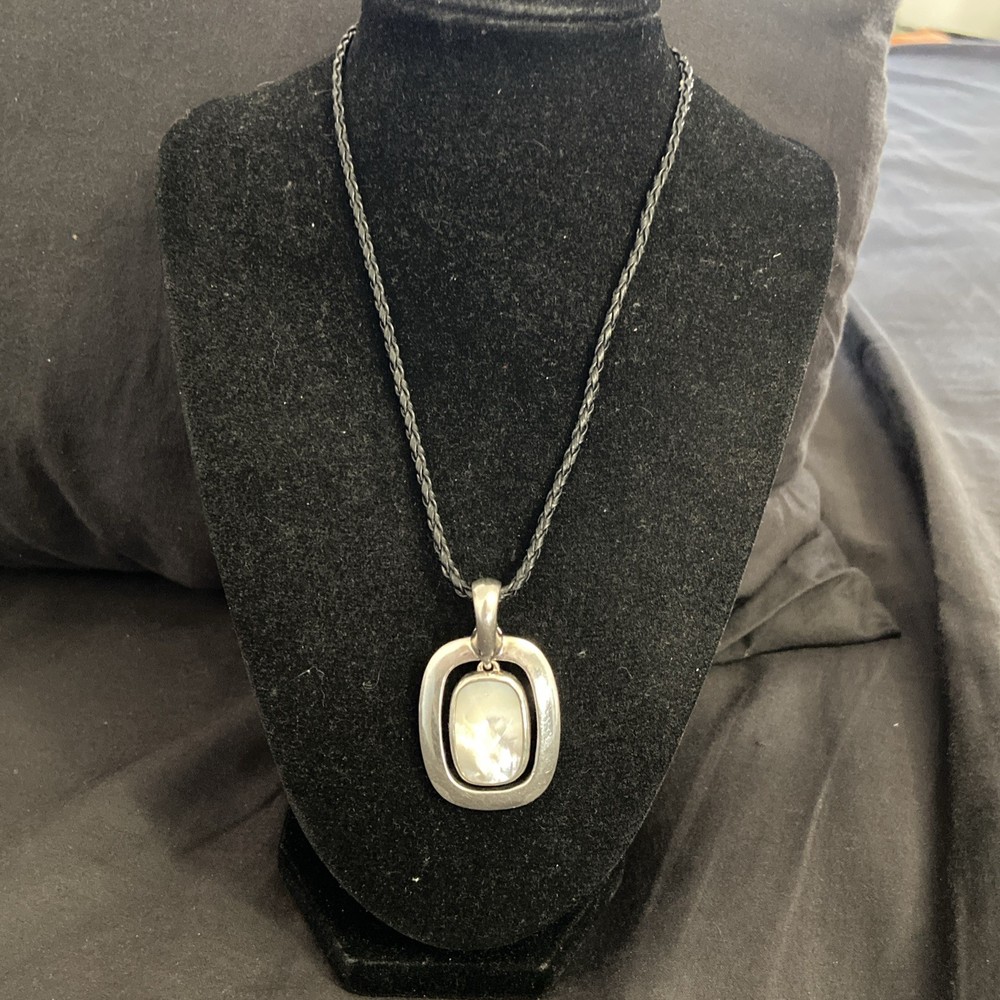 Vtg Espo 925 Sterling Silver Onyx & Mother Of Pearl (2) Charm Black Cord 16” 47G