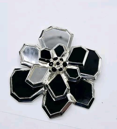 Modernist Flower Brooch Black & Silver Mirror 3.5 in HUGE Modern Floral