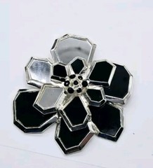 Modernist Flower Brooch Black & Silver Mirror 3.5 in HUGE Modern Floral