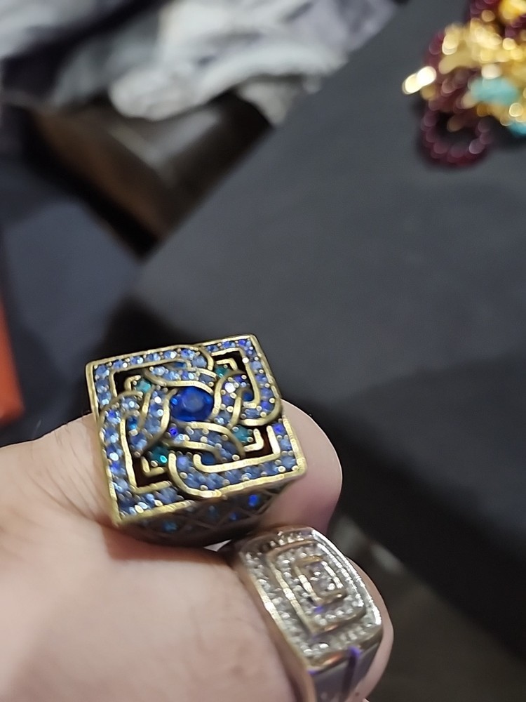 Vintage Gold Tone LAVINTAGE CHINA Blue Teal Rhinestones Square Ring