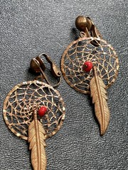 Vintage 2.2” Copper Dream Catcher Red Bead Feather Bohemian Clip Earrings