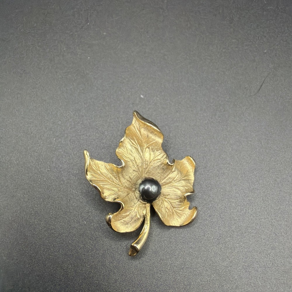 Vintage Gold Tone Maple Leaf Brooch Pin with Faux Black Pearl Center, 1960s
