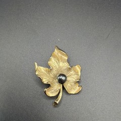 Vintage Gold Tone Maple Leaf Brooch Pin with Faux Black Pearl Center, 1960s