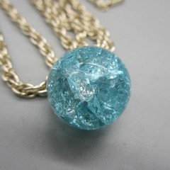 Vintage Germany Necklace Crackle Glass Blue Bead Pendant Gold Tone 24 Inch