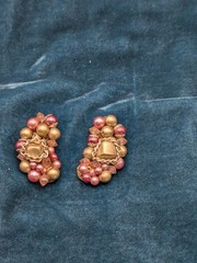 Made in Japan Vintage Jewelry Set Pink & Pearl & Gold Necklace & Earrings