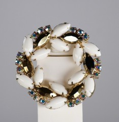 Vintage Rhinestone Wreath Brooch Milk Glass AB Stones Gold Navettes Gold Tone