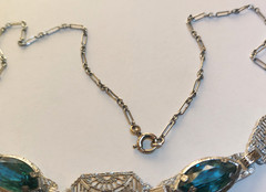 Antique Vintage Art Deco Deep Teal Faceted Glass Ornate Filigree Necklace