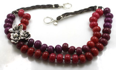 Vintage Fossil heavy red & purple stone glass leather beaded necklace 21″