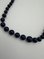 Vtg Shiny Black Lucite Bead Necklace Graduated Hand Knotted 24″ Matinee Strand