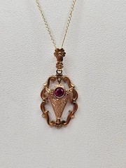 Antique 10k gold garnet Emco lavalier style pendant necklace art deco floral