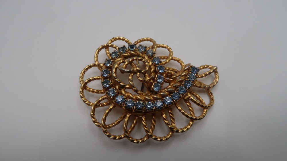 Vintage Gold Blue Rhinestone Spiral Geometry Brooch Pin 5.5cm BB12