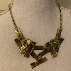 Vintage Metal Bark Antique Gold Tone Modern Geometric Bib Statement Necklace