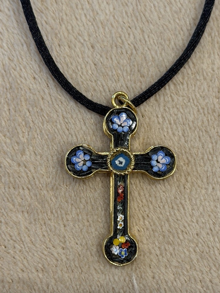 Italian Micro Mosiac Cross Necklace Pendant