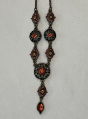 VTG Nina Ricci Avon Y-Drop Necklace Ornate Bronze Red Rhinestone Signed NR