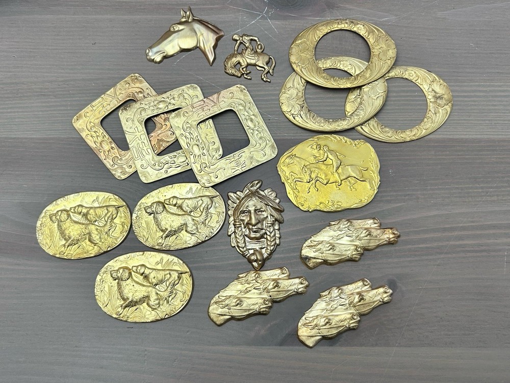 Vintage Brass Stampings Findings Pendant Pin Jewelry Making Horse Dog Western