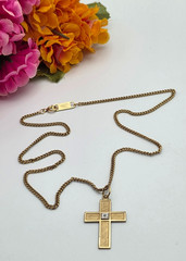 Vintage Artisan 12K Gold Filled Cross Necklace Diamond Accent 20in Curb Chain