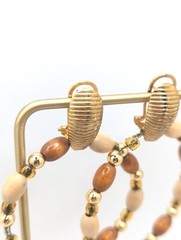 Large Vintage Beaded Hoop Drop Dangle Earrings Stud Pierced Wood Gold Tone Gift