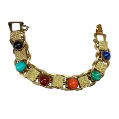 Vintage MCM Etruscan Revival Multi Color Cabochon Book Chain Bracelet 6.25″