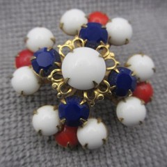 Vintage Milk Glass Brooch Patriotic Red White Blue Prong Set Gold Tone