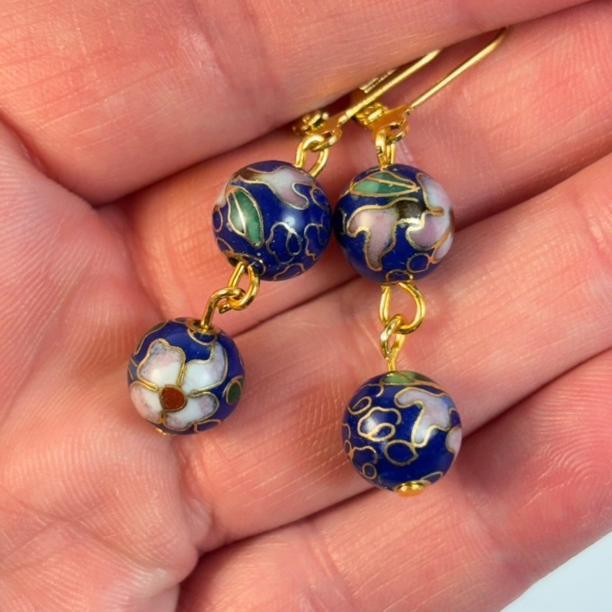 Vintage Cloisonne Drop Earrings Blue Floral Boho Cottagecore Whimsygoth Jewelry